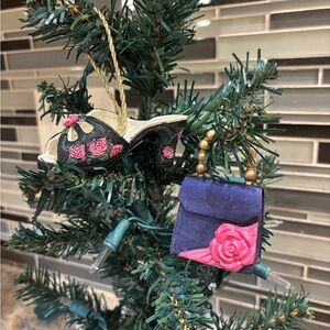 Floral Embellished Miniature Bag Ornament and Matching Shoe